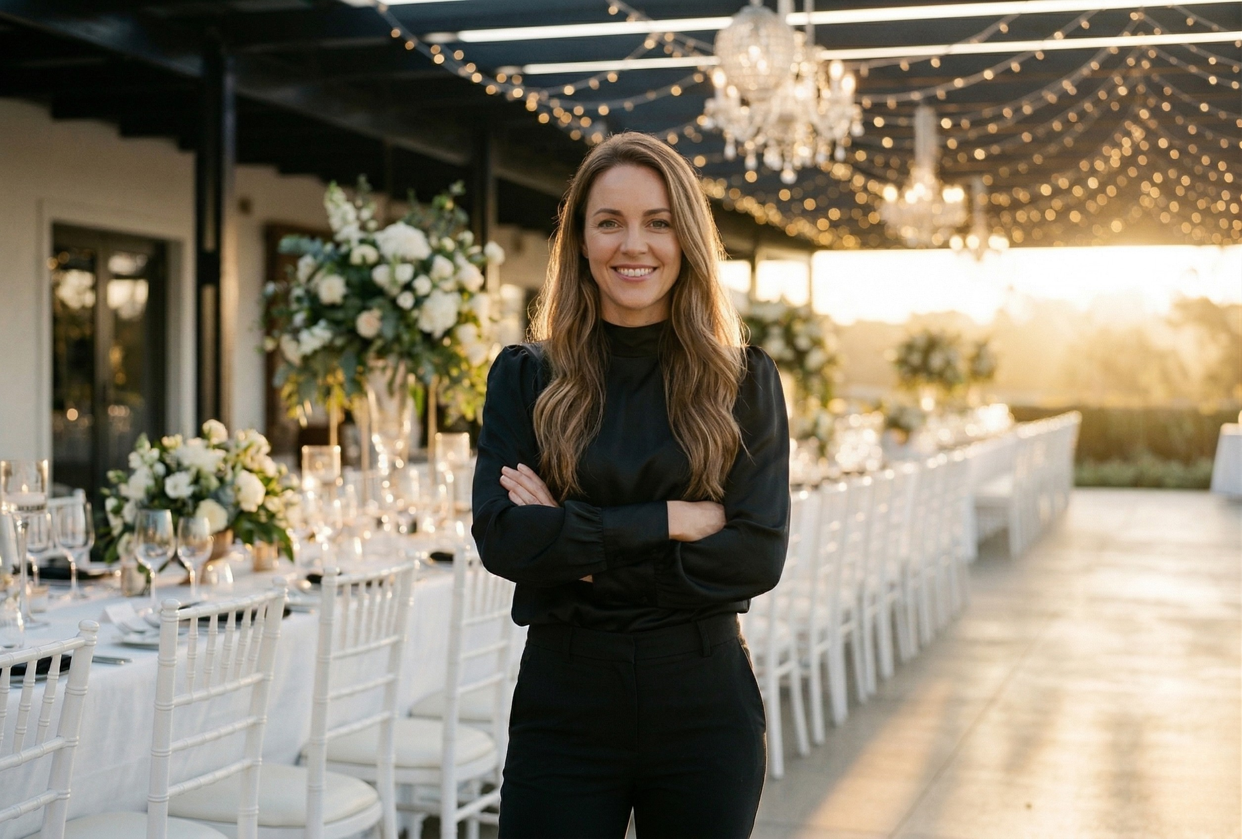 Event planner with arms crossed at venue