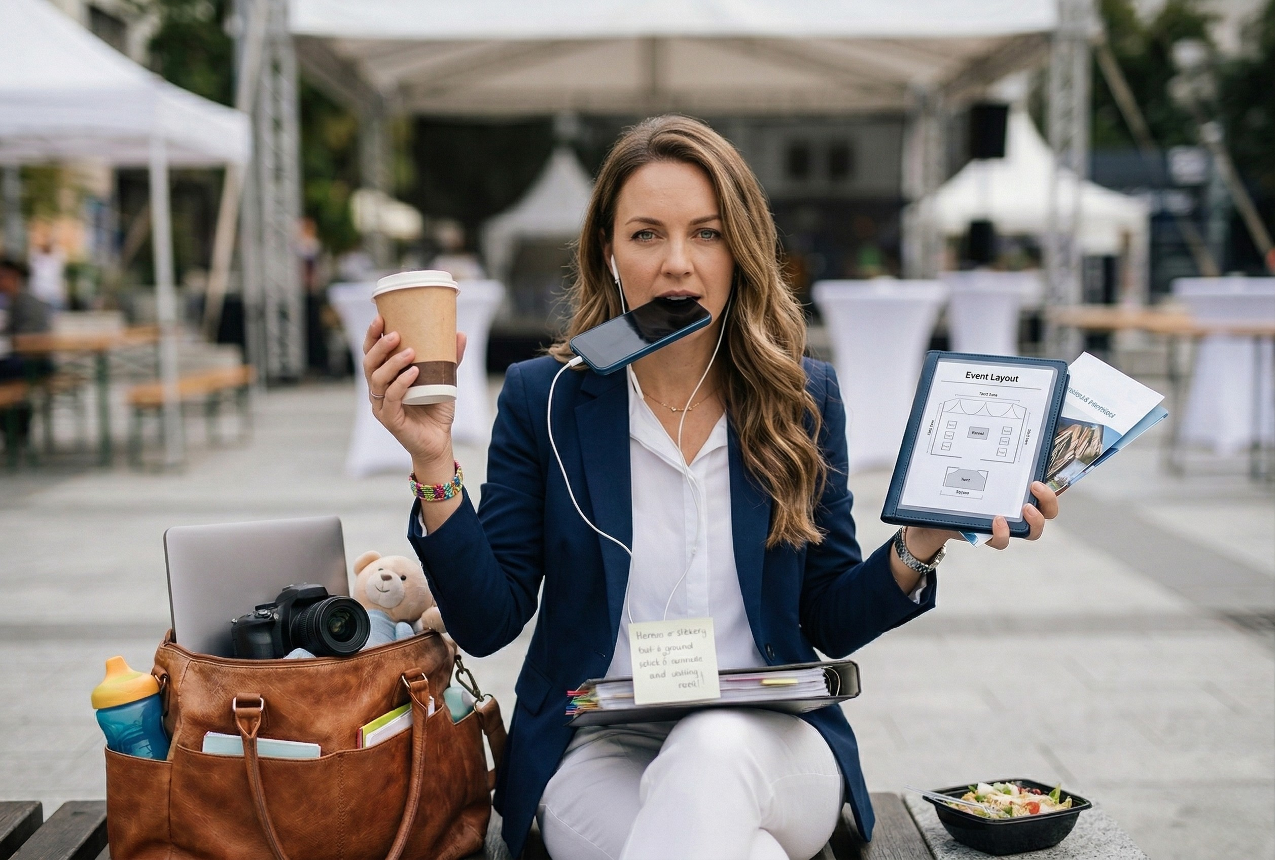 Woman juggling phone, coffee, and tablet