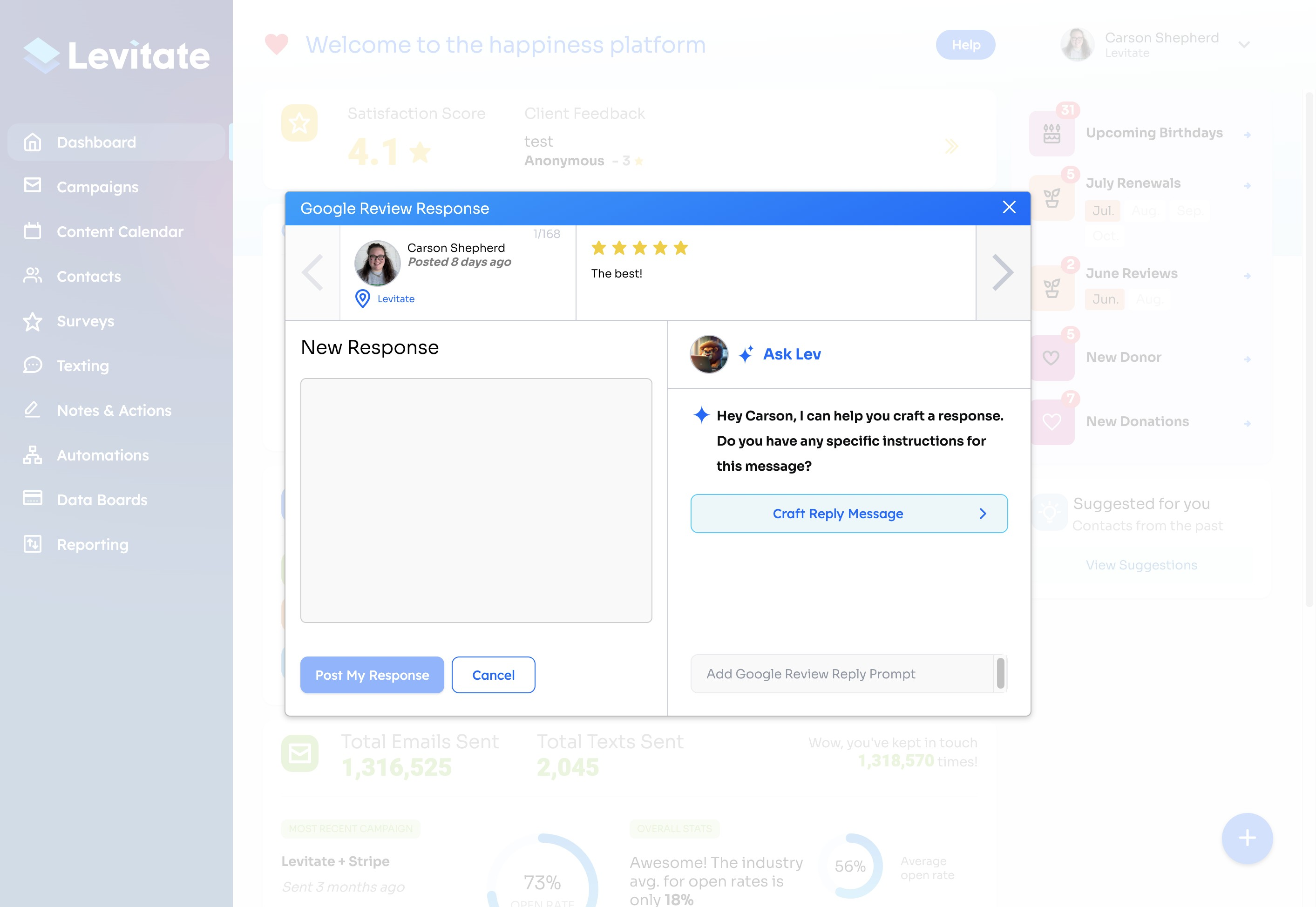 Levitate AI assistant crafting a professional response to a Google review
