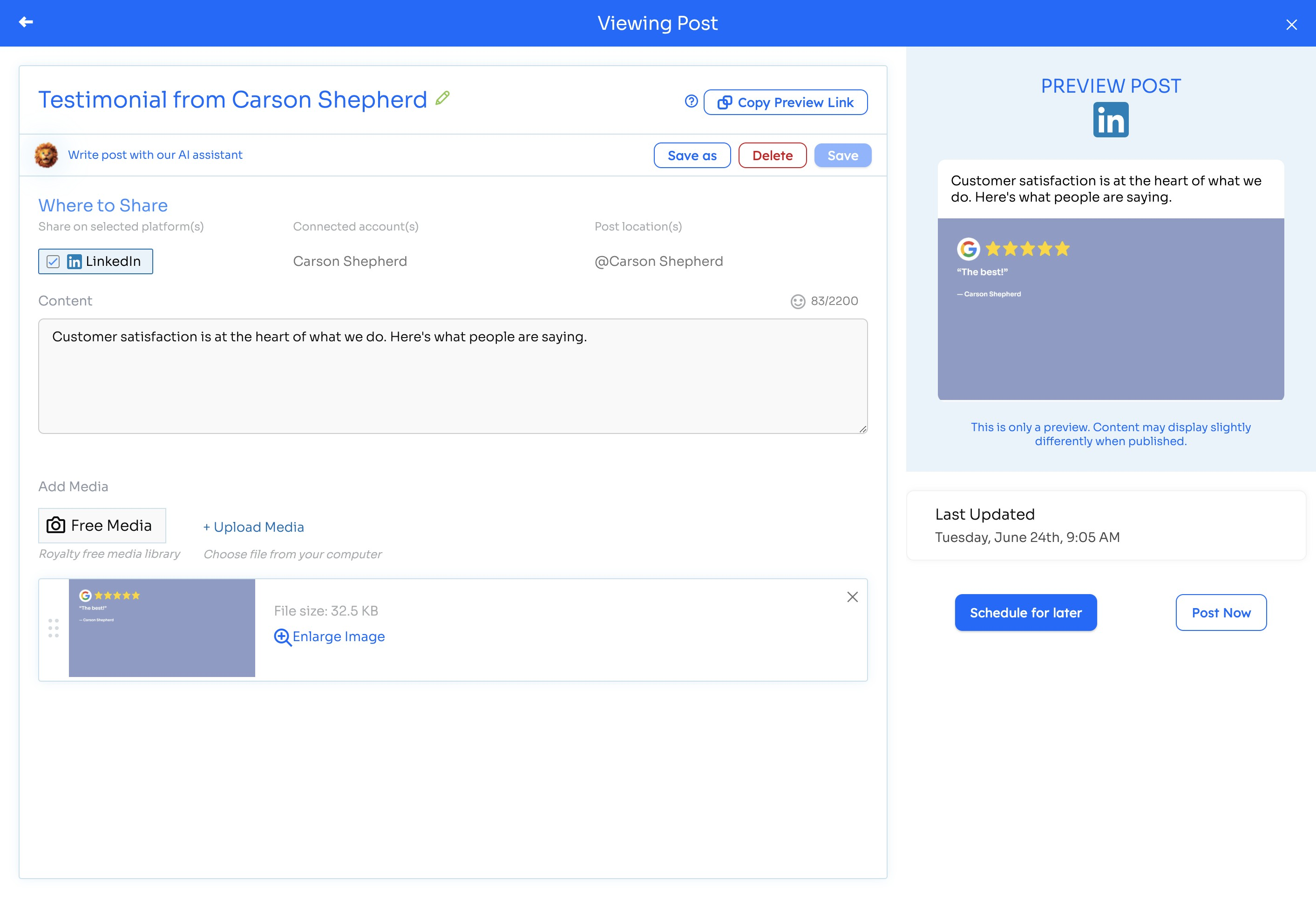 Preview your branded Google review social post in Levitate