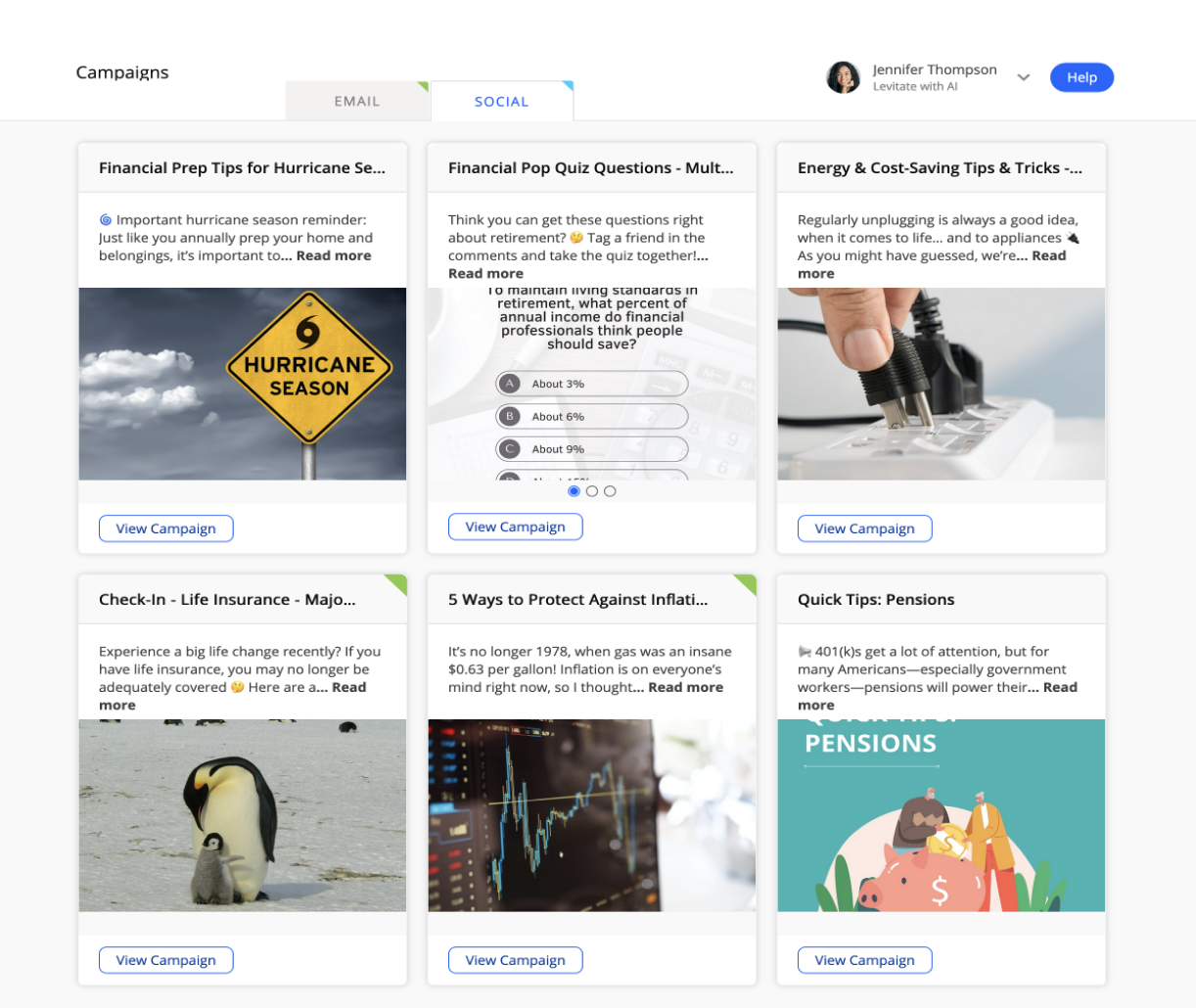 Levitate social media content calendar showing scheduled posts across multiple platforms